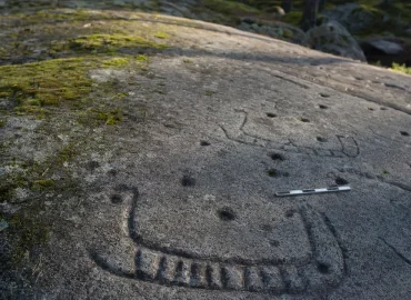 Hällristning med skeppsmotiv från bronsåldern på berghäll i svensk skog