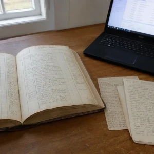 Uppslaget gammal kyrkobok bredvid lösa handskrivna dokument och en laptop, verktyg för digitala arkiv släktforskning.