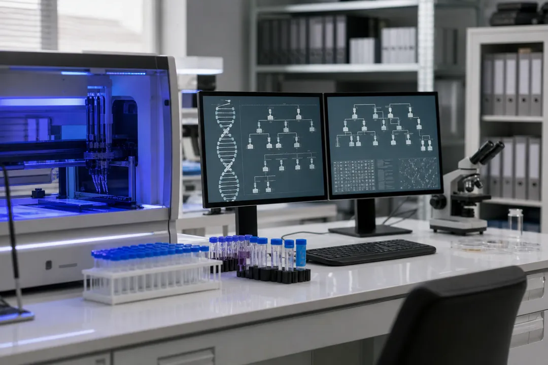 Forensiskt laboratorium med DNA-analysutrustning och släktforskningsdatabaser